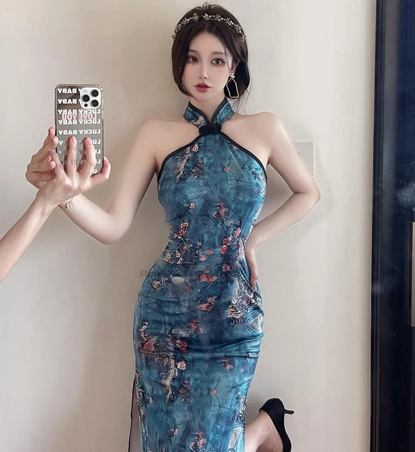 2024 oriental vintage dress improved cheongsam national flower print sleeveless qipao hollow out dress halter bodycon dress AliExpress