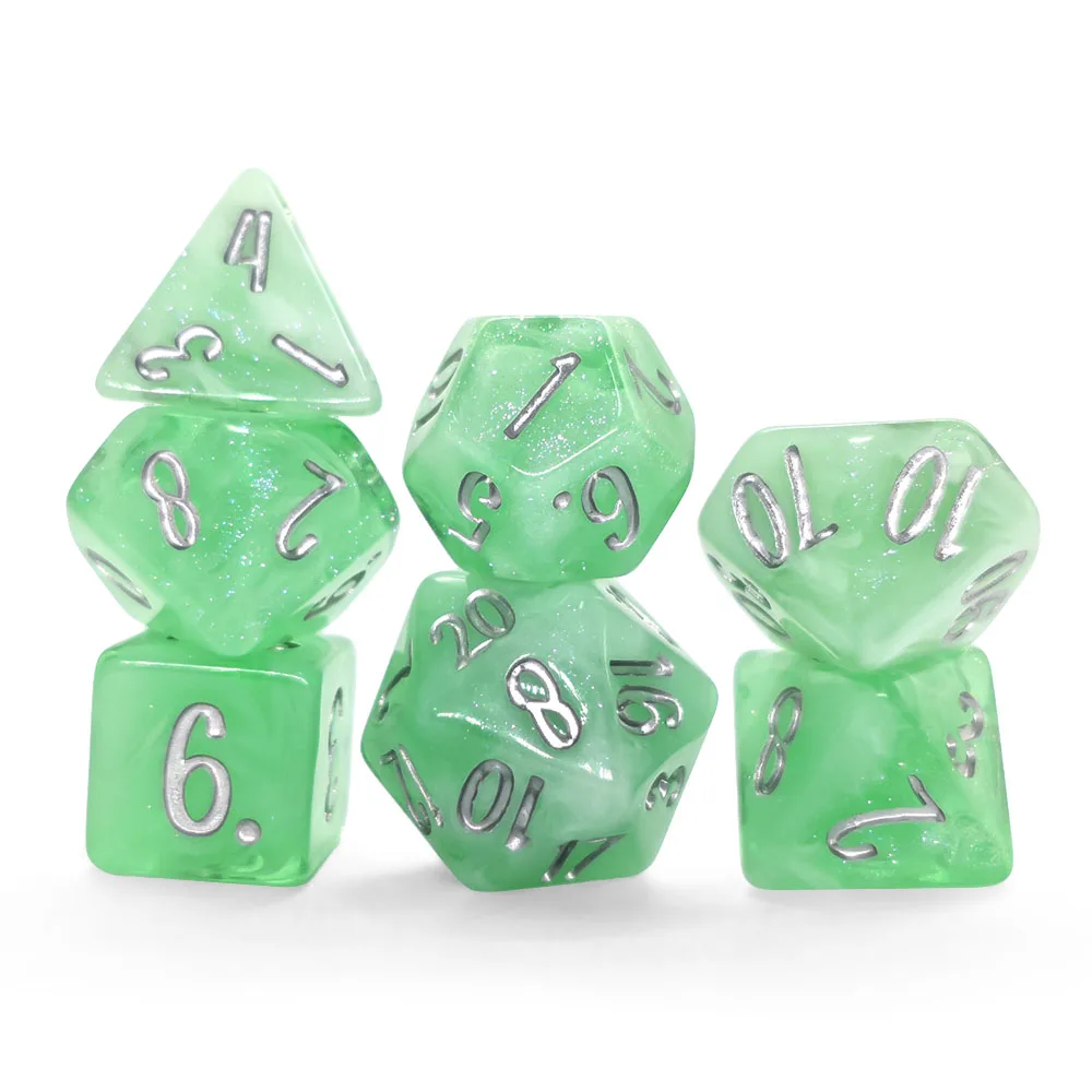 7Pcs Paper Flower Green Glitter Resin Polyhedral Dice Set, DND Dice For Dungeons & Dragons TRPG Tabletop Role Playing Game Dice