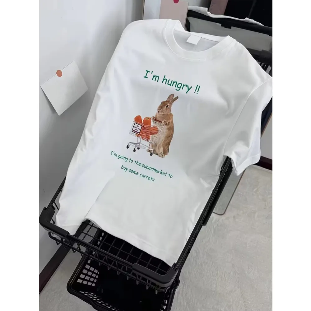 Funny Hungry Rabbit Shopping Cart Print T-Shirt Funny Cartoon Graphic Crew Neck Short Sleeve Casual Summer Top for Daily Wear