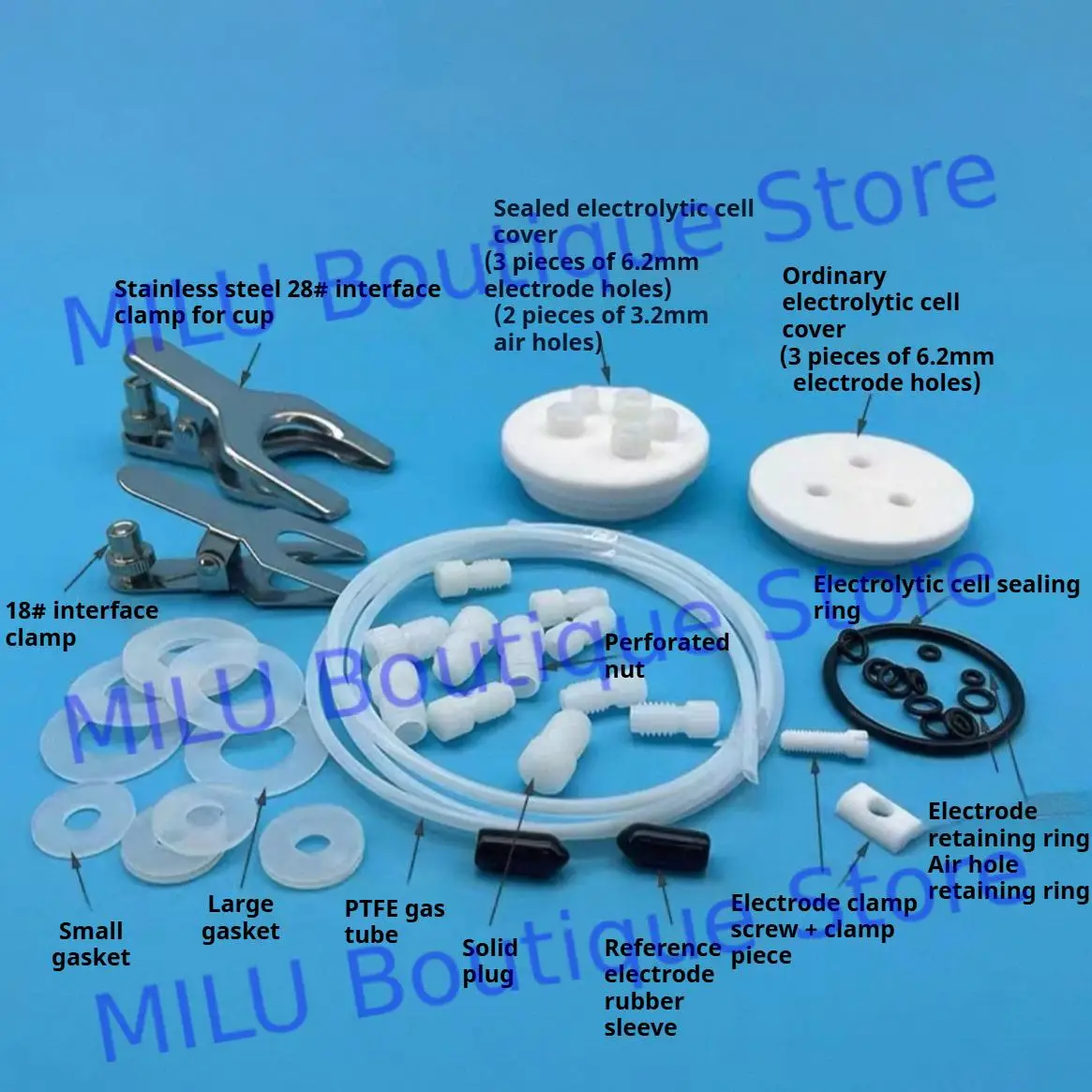 Electrolytic cell accessories 6mm electrode retaining ring air hole retaining ring plug nut PTFE cover rubber sleeve gasket