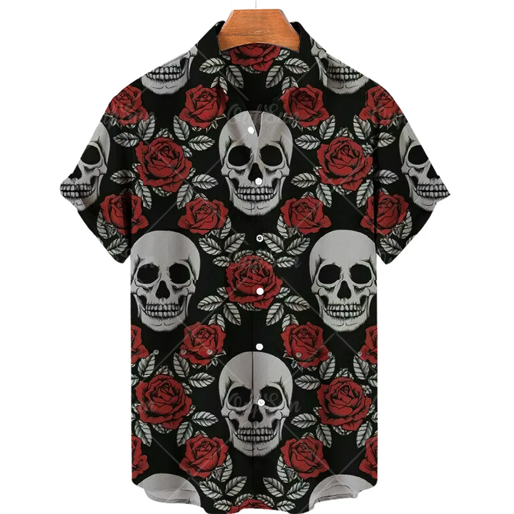 Hawaiihemd mit Totenkopf-Print, kurzärmelig, locker geschnitten, atmungsaktiv, Hip-Hop-Stil, schnelltrocknend, bequemes Herrenhemd für den Strand – Detail 11