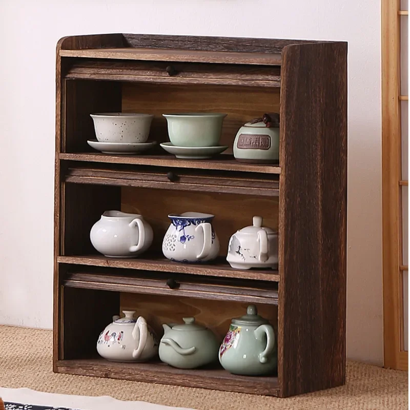 Solid Wood Tea Cup Cabinet Ancient Frame for Living Room Decor Dustproof Curtain Door Teapot Organizer Traditional Organizer