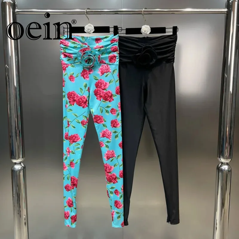 

oein Summer New 2023 High Waist Pleated 3D Flower Temperament Printing Elegant Pencil Pants Leggings Trend WZ2637