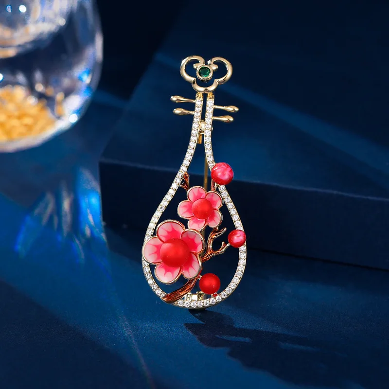 Chinese Style Hanfu Cheongsam Accessory Rhinestone Inlaid Pipa Shaped Plum Blossom Brooch Multi Purpose Anti Exposure Cardigan