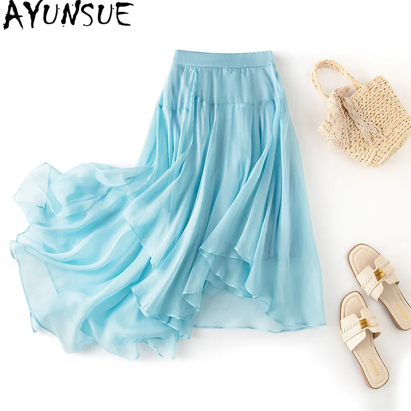 AYUNSUE 100% Silk Women's Skirts Solid High Waist Skirts for Women Irregularly Gentle Skirt Spring Summer Clothes Woman 2026 치마