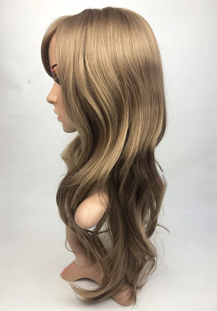 Wig sintetis panjang bergelombang Bronde gelap