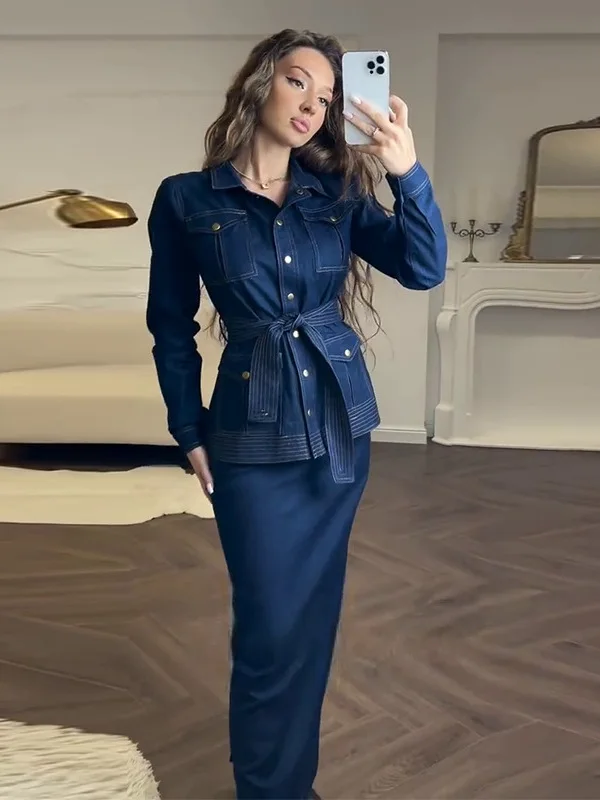 

Джинсовый комплект Ele Long Sve с поясом, женский топ и брюки, ансамбль с высокой талией, прямые штаны, подходит для осенней коллекции Faion