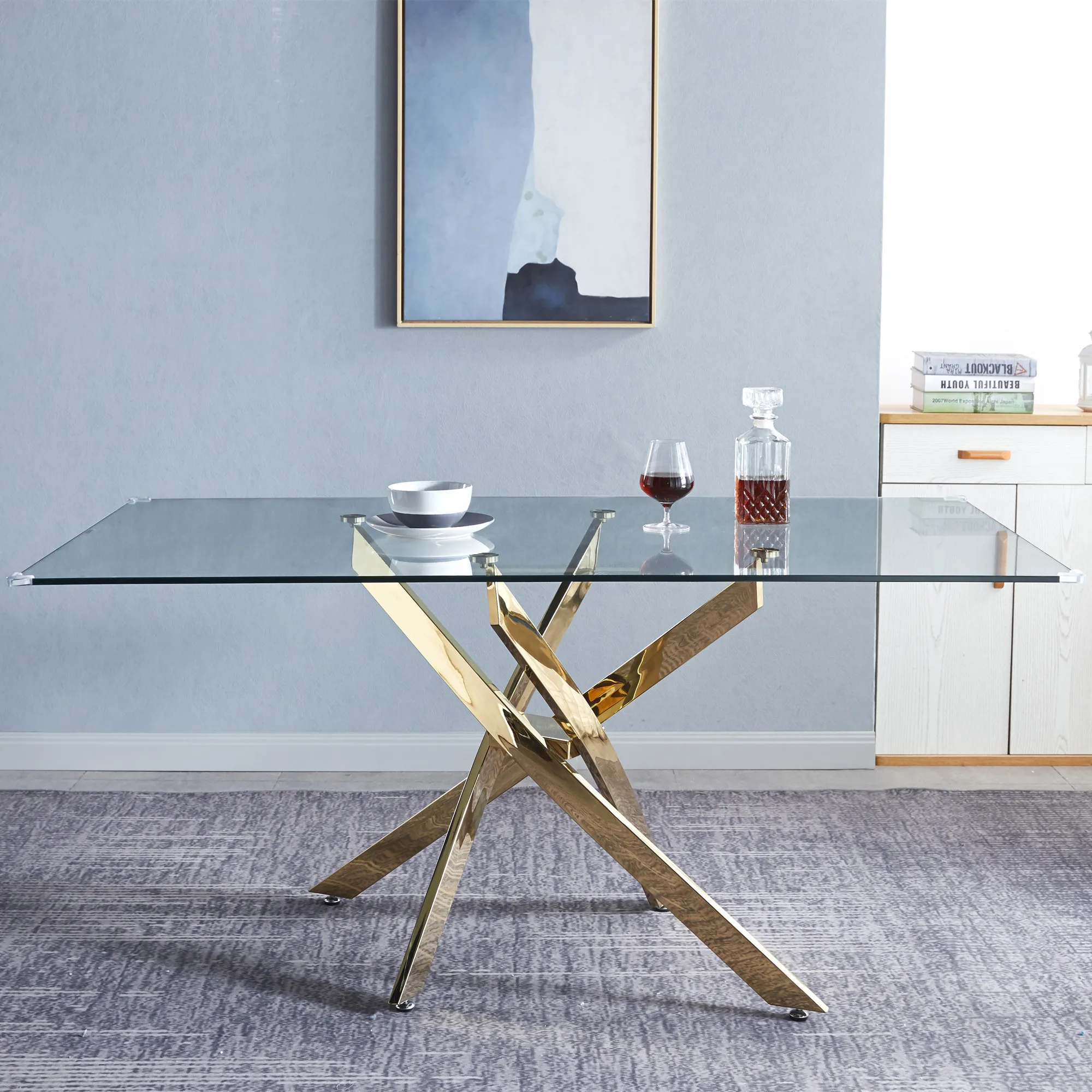 Elegant Glass Rectangular Table Dining Table  Gold Finish Stainless Steel for Kitchen Dining Room Dinette Living Room