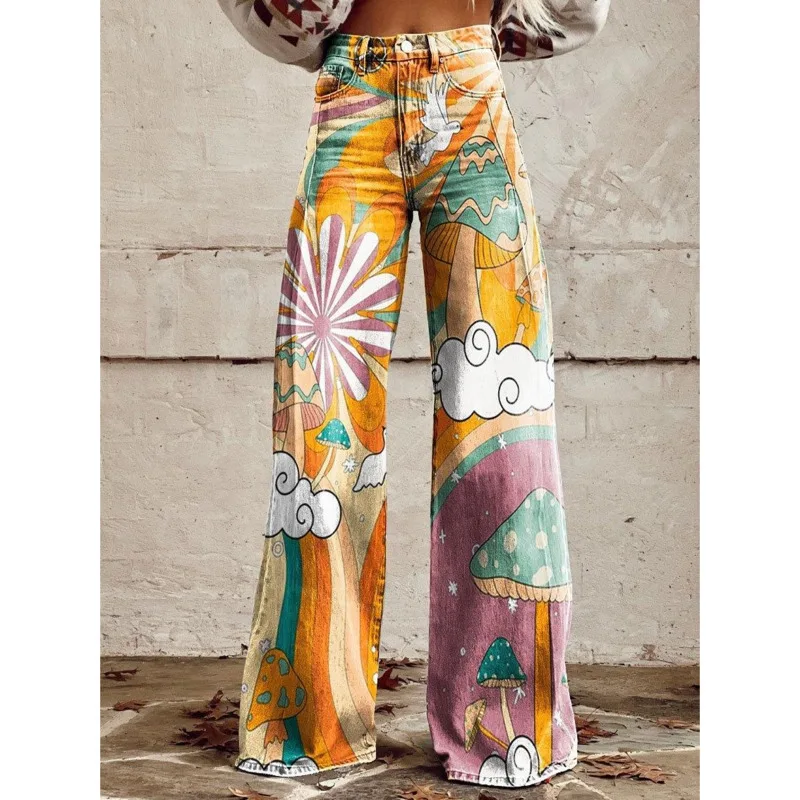 

Y2k Printed Pattern Jeans Retro Slim Mid Waist Micro Flared Pants High Street Loose Pants Fashionable And Trendy Elastic Pants