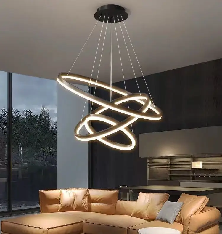 

Modern Pendant Lamp Led Rings Circle Ceiling Hanging Chandelier Black Loft Living Dining Room Kitchen Indoor Lighting Fixture