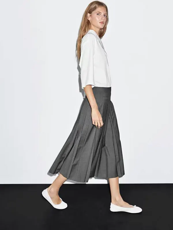 Grey Series High Intelligence Fashion Commuter Style Midi A-Line Pleated Half Skirt Women's Polyester Fiber Micro Stretch Cas...