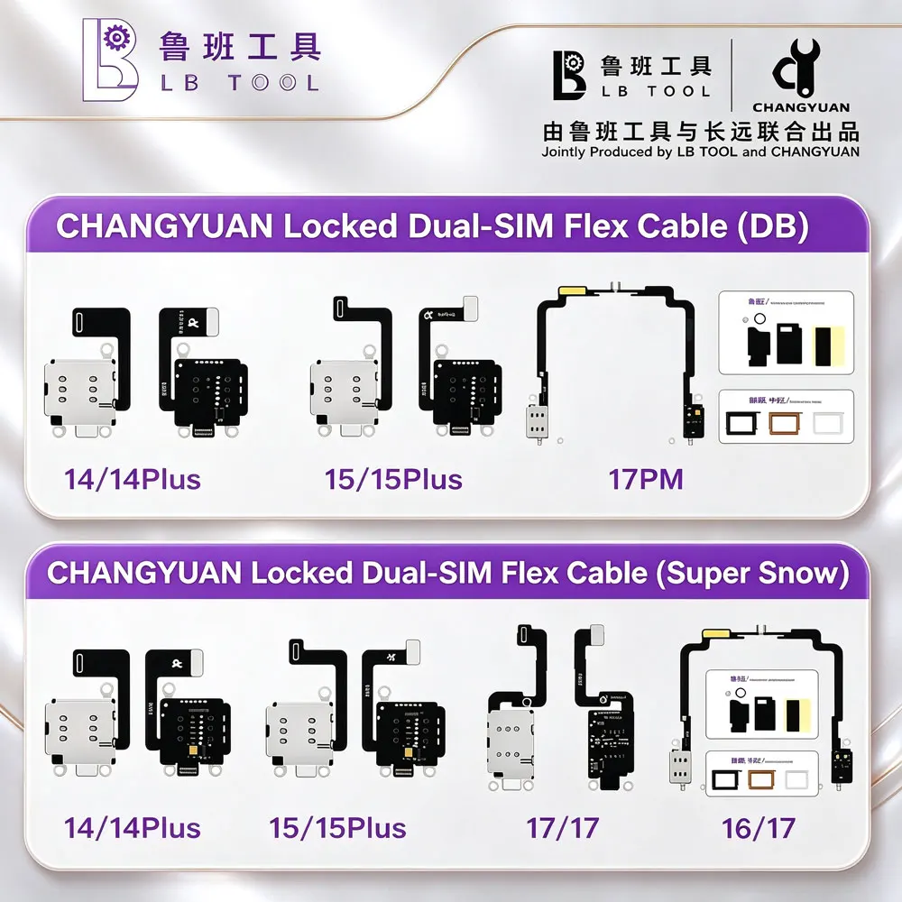 LB Tool Changyuan Locking Dual SIM Flex Cable with DB Chip/Super Snow Chip, Suitable for iPhone 14-17PM Dual SIM Slot Flex Cable