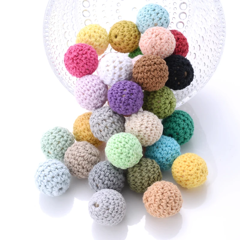 16mm 10pcs Colorful Crochet Beads Knitted By Cotton Thread Woolen Yarn For DIY Fit Decoration Baby Pacifier Chain Accessories