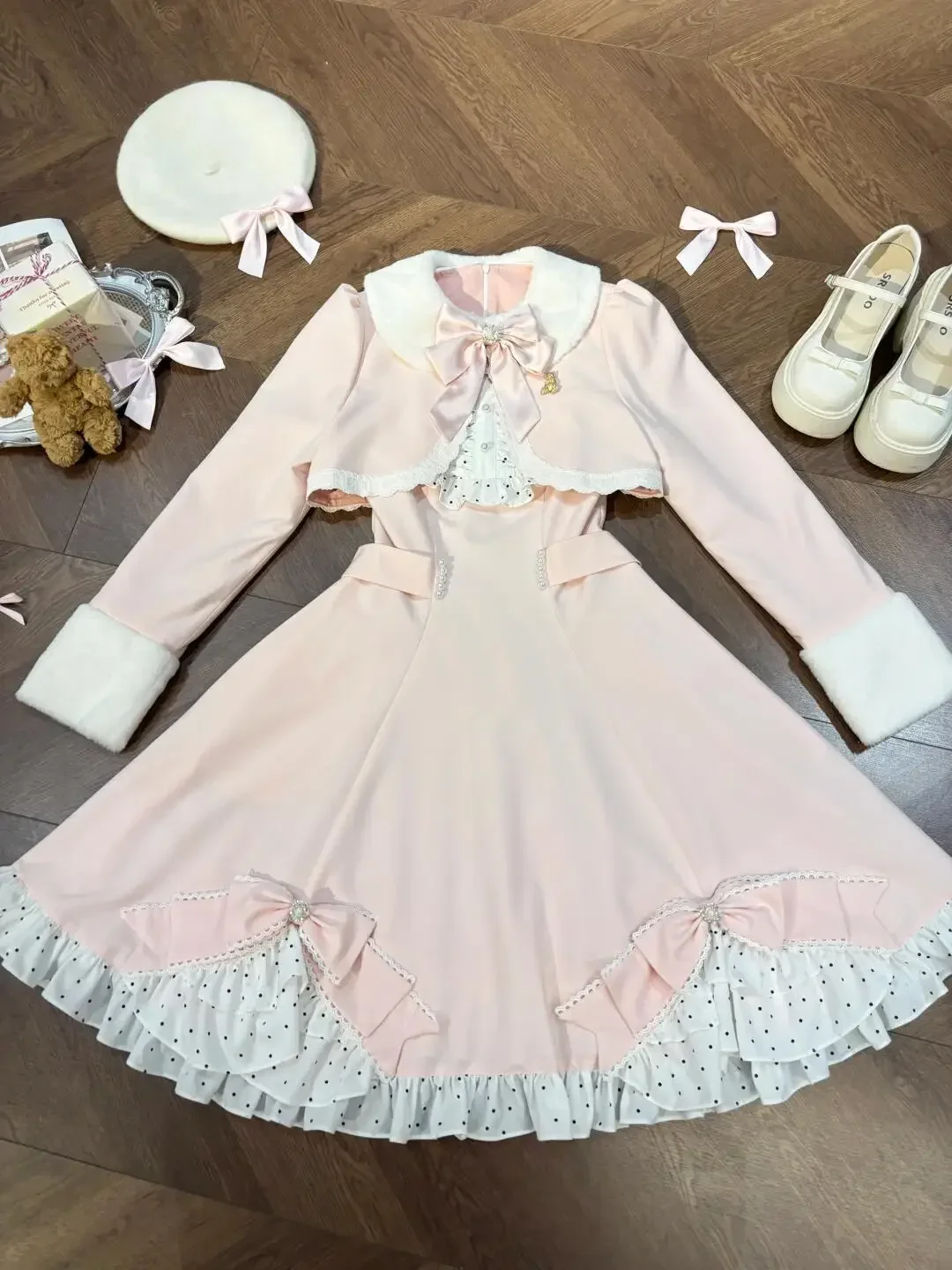 Japanese Sweet Pink Lolita Cape Shawl + Dress for Women Winter New Style Woolen Bow Fluffy Skirt Two-piece Set 2024 Chic Clothes