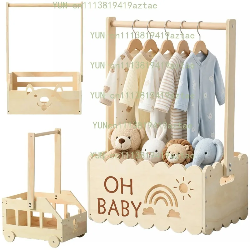 Wooden Baby Crate Basket With Clothes Rail Hangers Baby Clothes Rack For New Parent Gift Supplies