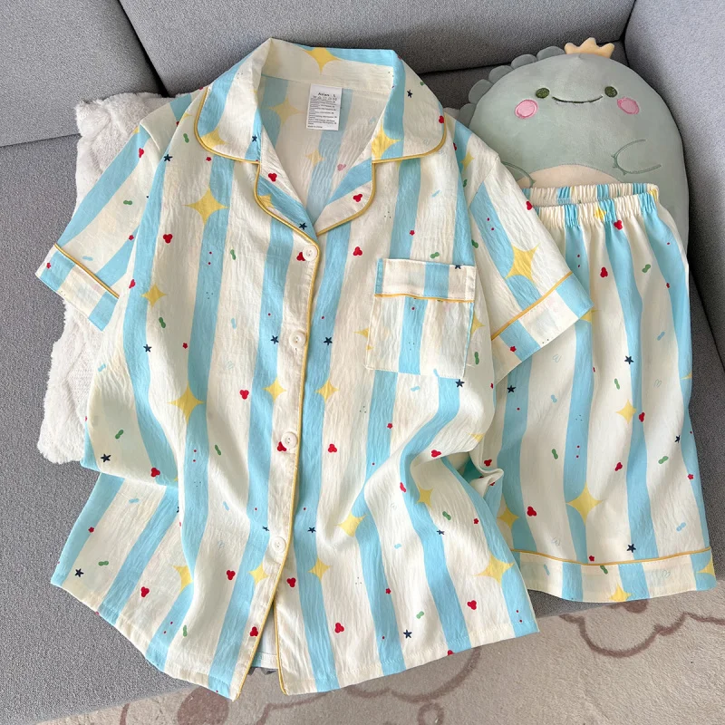 Summer Women's Printed Pajama Set V-neck Top and Shorts 2-piece Set, Casual and Comfortable Home Set, Can be worn externally