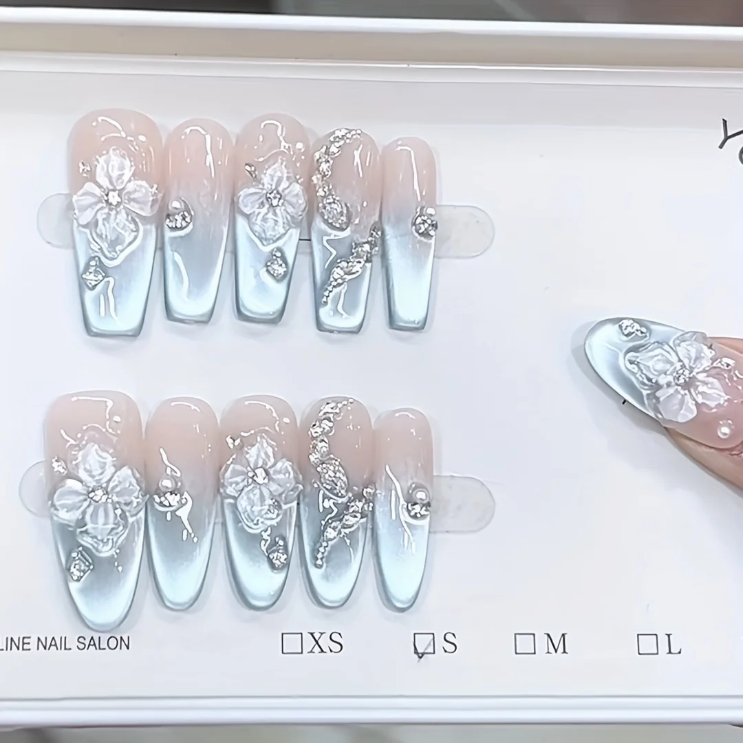 10pcs High-end French seaside ice flower three-dimensional hand-painted relief small flower cat's eye style handmade fake nails,