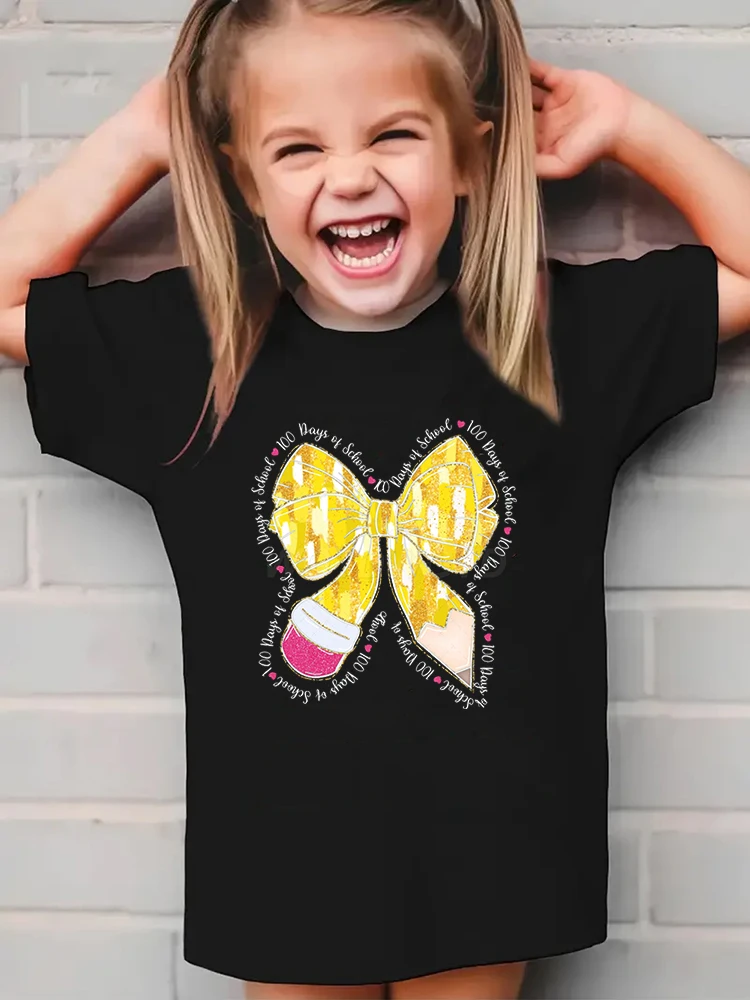 Coquette arco 100 dias de escola camisa bebê menina menino dos desenhos animados camisetas glitter arco lápis crianças engraçado moda manga curta camiseta