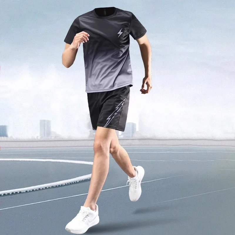 

Men's Quick Dry Sports Set Summer Ice Silk T-Shirt Short Pants Gym Running Basketball Soccer Training Suit