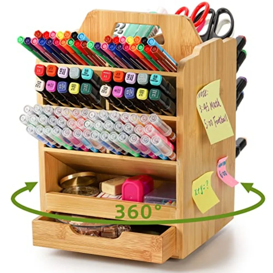 

Bamboo Pen Holder Organizer 360°Rotating Art Supply Storage Caddy Hold 400+ Pencils 15 compartments Office Desk Stand Box with