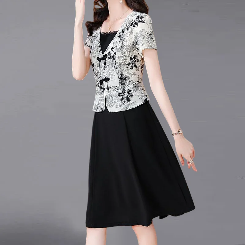 Elegancka koronkowa sukienka z nadrukiem z guzikami dwuczęściowa sukienka na studniówkę odzież damska 2025 letnie nowe luźne sukienki biurowe Lady Vintage