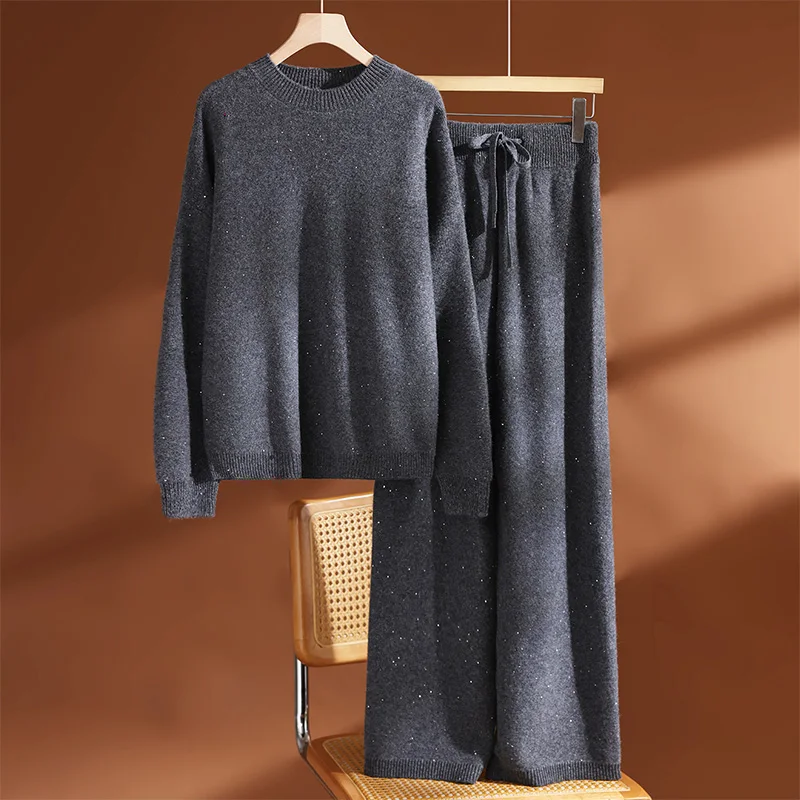 Set Sweater Rajut Wol 100% Berpayet CHICUU untuk Wanita dengan Kerah O dan Celana Kaki Lebar, Set Rajut Kasual Tebal untuk Musim Gugur dan Musim Dingin