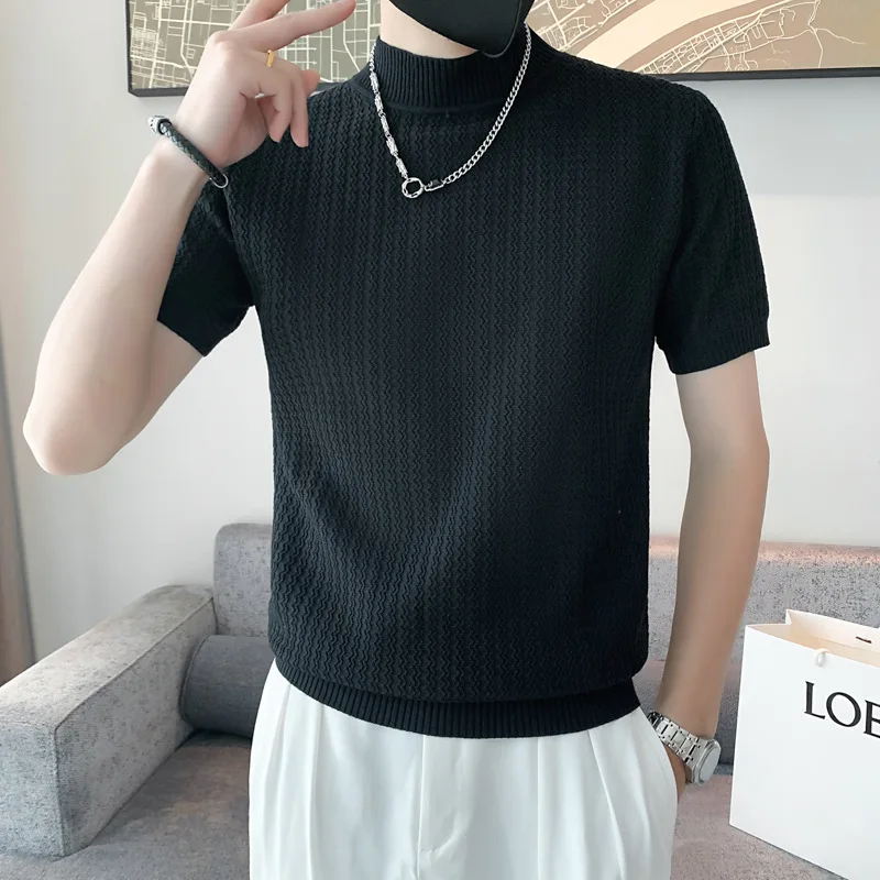 Summer Men'S Half Turtleneck Knitted Short Sleeve Korean Style Solid Color Half Sleeve-Shirt Trendy Men'S Tight Mid-N