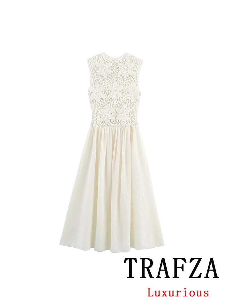 

TRAFZA Elegant Chic Women Tank Dress Solid Floral Embroidery Patchwork Long Dress Fashion 2025 Summer Date Party Holiday Dress