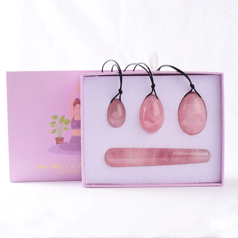 Drop Shipping Drilled Natural Rose Quartz Yoni Egg Set Women Kegel Exerciser Feminine Muscles Tightening Yoni Wand Jade Massager