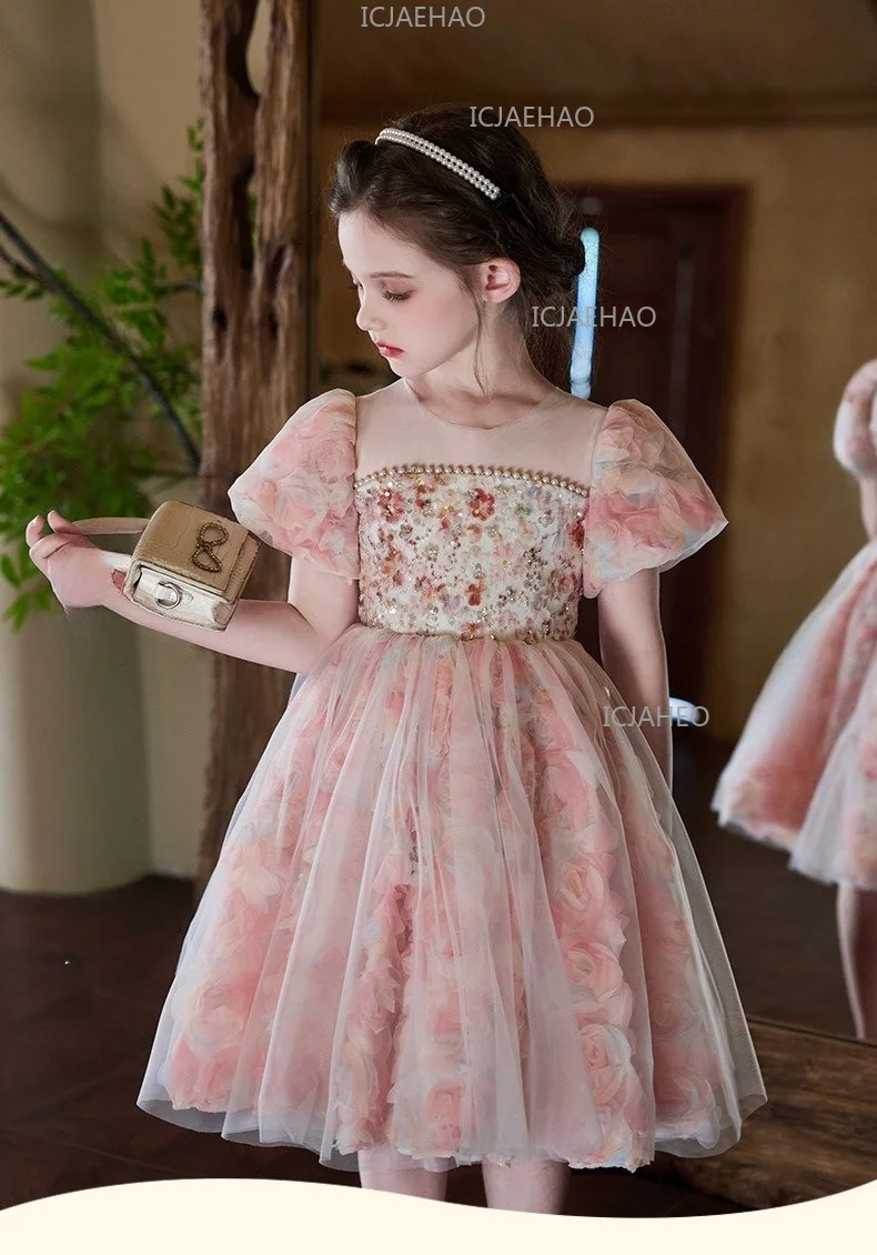 Girls Dress Little Girls Forest Style Stylish Formal Gown 2026 New Summer Arrival Costume Pink Floral Birthday Princess Dress