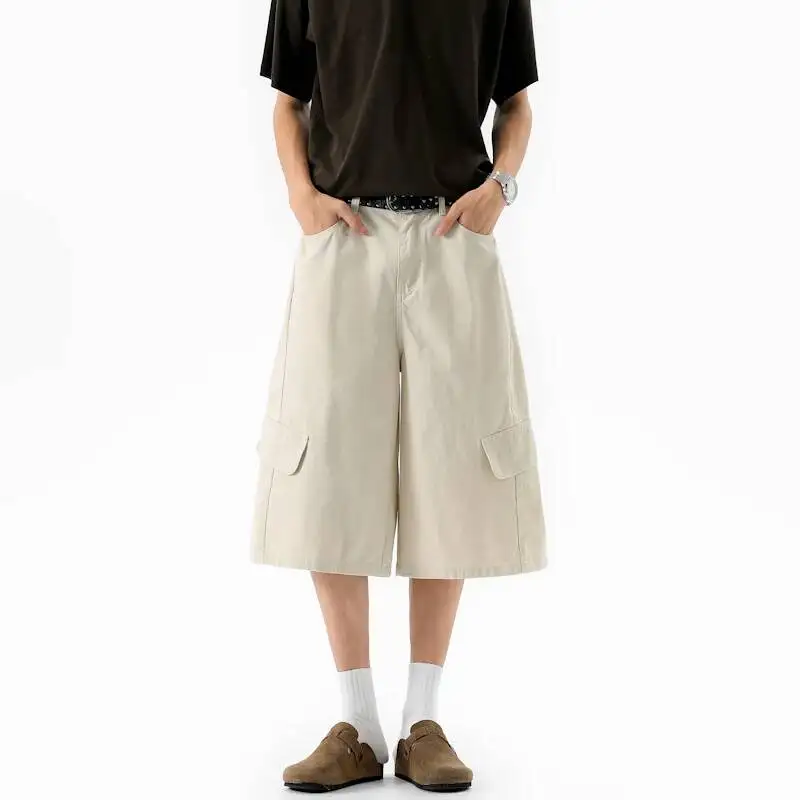 High Street Fashion Men's Paratrooper Workwear Cotton Shorts Loose Causal Wide Length Cropped Pants Straight Bottoms MBNS
