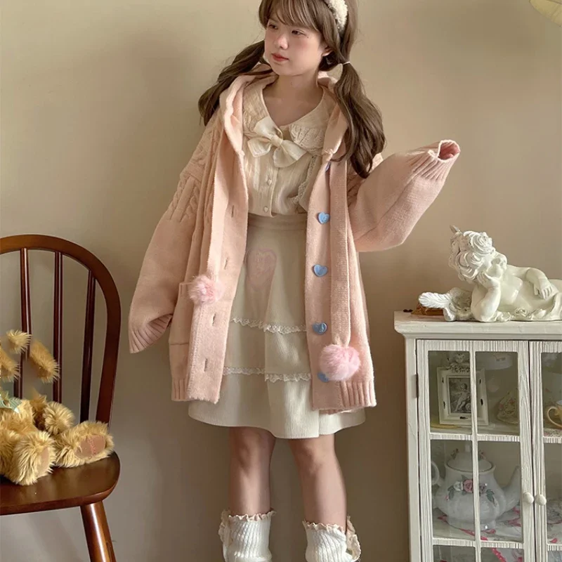 Japanese Cute Lolita Knitted Cardigan Women Harajuku Kawaii Pink Hooded Long Sweater Coat Girls Sweet Loose Pocket Knitwear Tops