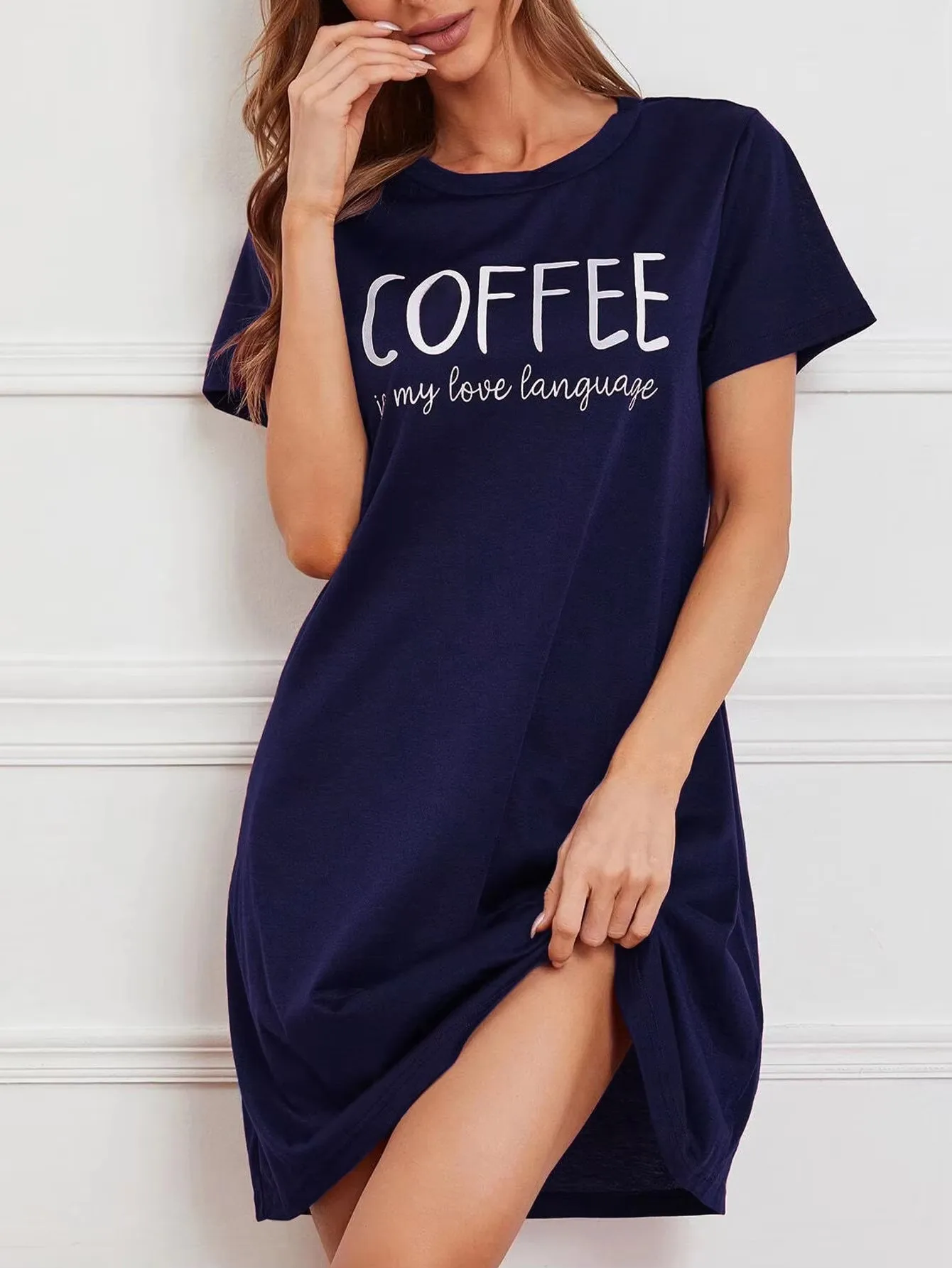 Womens Pajamas Milk Silk Coffee Print Short Sleeve Nightdress