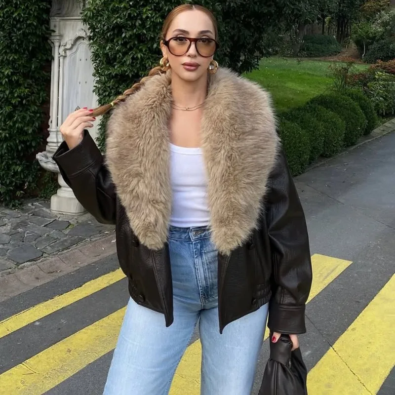 

Tuularose Women's Plush Leather Coats Fashion Vintage Fur Patchwork Thickened Warm New Coat Chic High-Street Female Outerwear