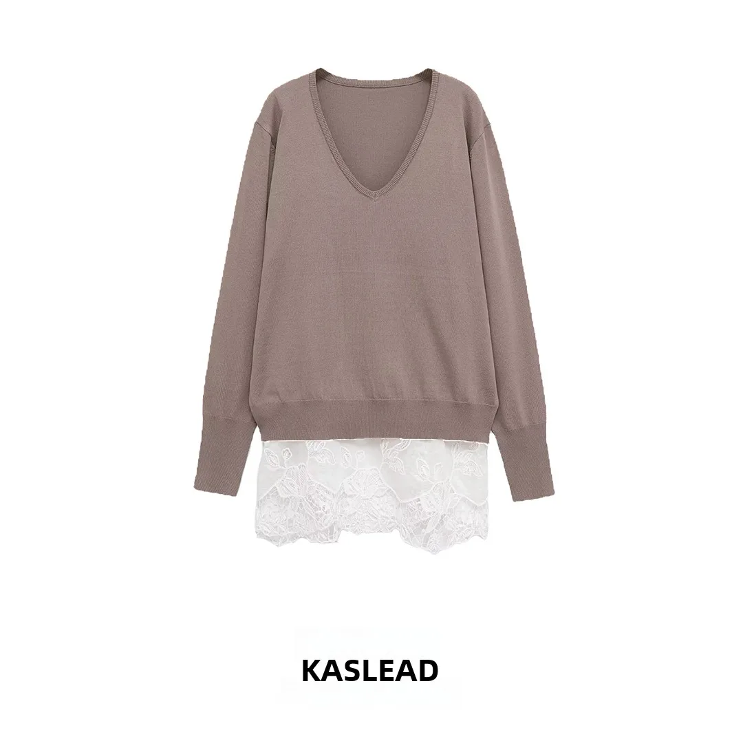

KASLEAD New Women's Faion Loose Lace Patchwork V-ne irt Simple Ele Sle Polyester Fiber Winter Collection