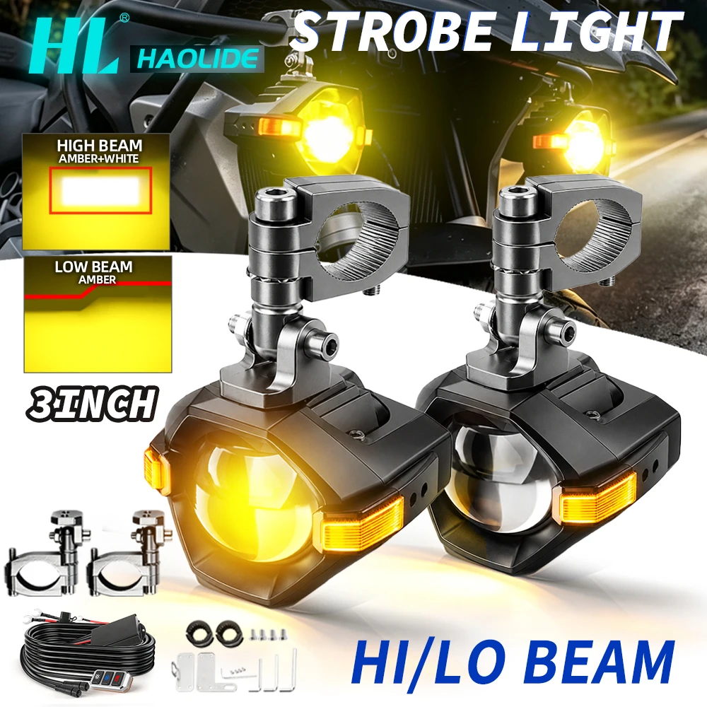 HL 3inch Motorcycle LED Auxiliary Spot Light White Yellow Dual Color Strobe Side Turn Signal For BMW R1250GS Yamaha off-road use
