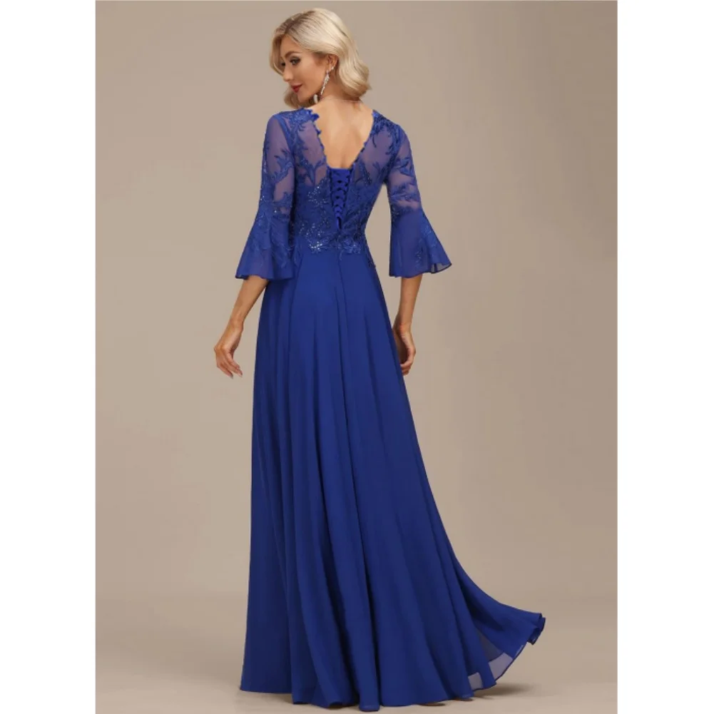 Women's V Neck 3/4 Sleeve Mother of The Bride Dresses Lace Chiffon A-Line Formal Evening Gowns Floor Length