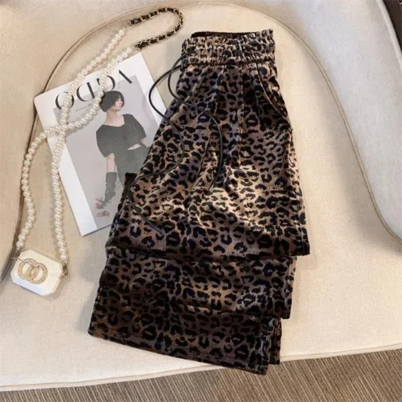 High Street Elastische Taille Leopard Print Breite Bein Hosen Frühling Herbst Straße Beiläufige Gerade Hosen Vintage-Mode Frauen Kleidung