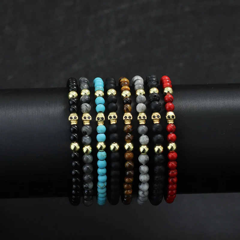 8 Styles Skull Bracelet For Men 4mm Natural Lava Tiger Eyes Stone Braslet Outdoor Cool Biker Beaded Braclet Boyfriend Gift Joias