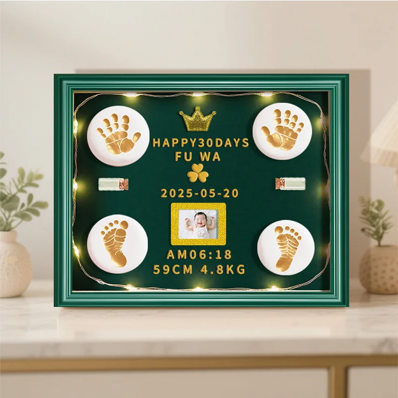 Full-Month Baby Hand Footprint Clay Frame Storage For Handprint Footprint Lanugo Hair 100-Day Memorial Keepsake Gift