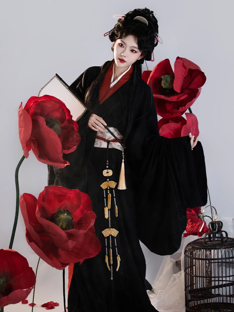 

Красный и черный кружевной двухслойный халат Hanfu Warring States от anchi, осенне-зимний наряд феи-аффеи для женщин