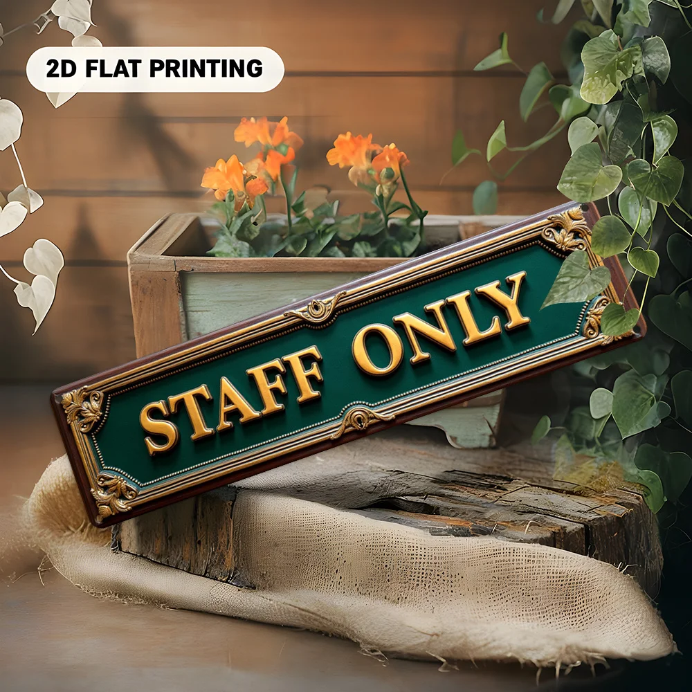 Staff Only Vintage Tin Sign, Retro Elegant Green Gold Frame 2D Flat Print Metal Wall Art, Decorative Plaque for Office Cafe Bar