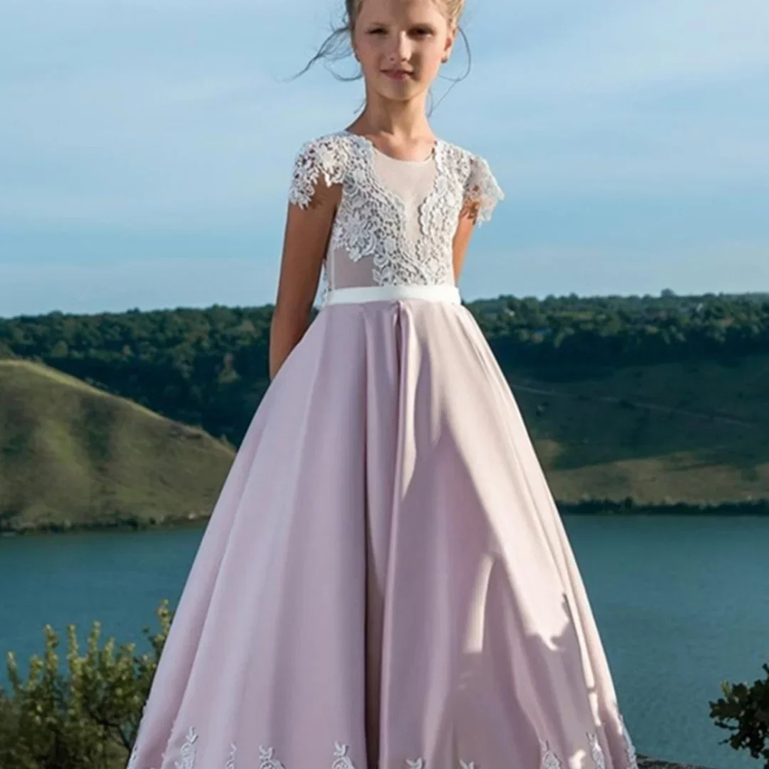 

Quality First Communion Dresses Kids Evening Ball Gown Gold Applique Bow Girls Pageant Dress Satin Tulle Flower Girl Dress