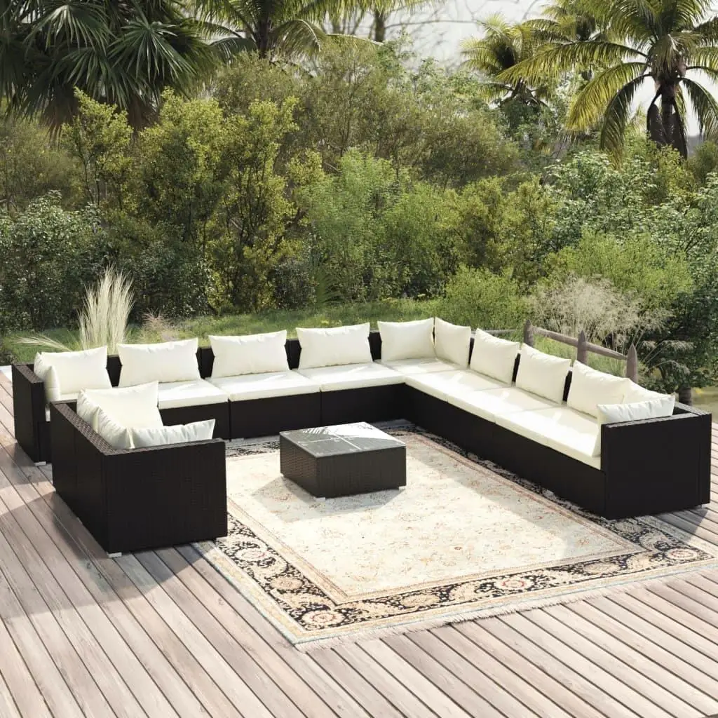 12-Piece Black Poly Rattan Garden Lounge Set with Cushions for Outdoor Use