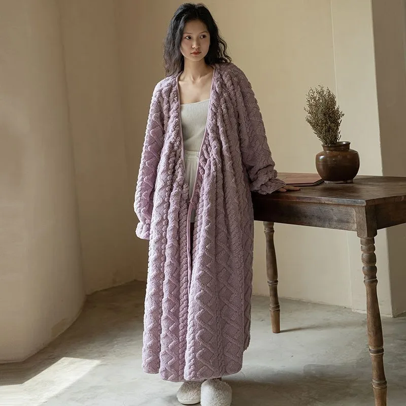 Korean Style Winter Thick Warm Flannel Nightgowns Elegant Women Simple Gentle Tender Fluffy Heating Nightdress Soft Sleepwear