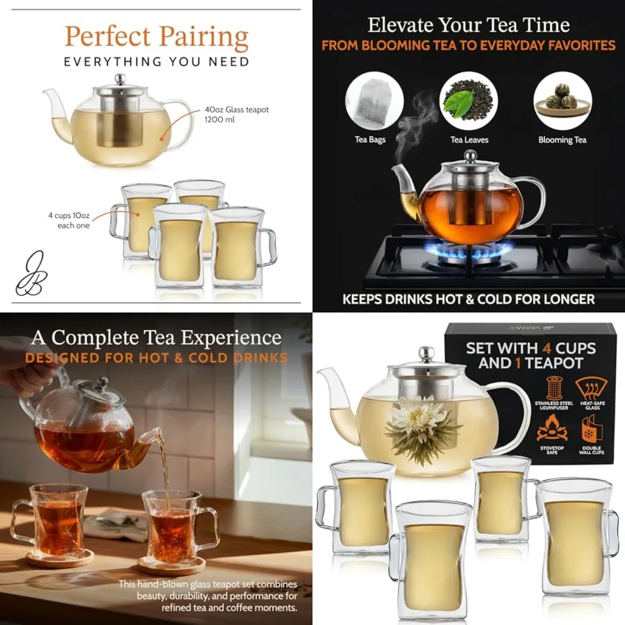 

Glass Coffee and Tea Set Borosilicate Glass Teapot Set for Adults with 40oz Teapot and 4 Insulated Glasses, Stainless Steel Str