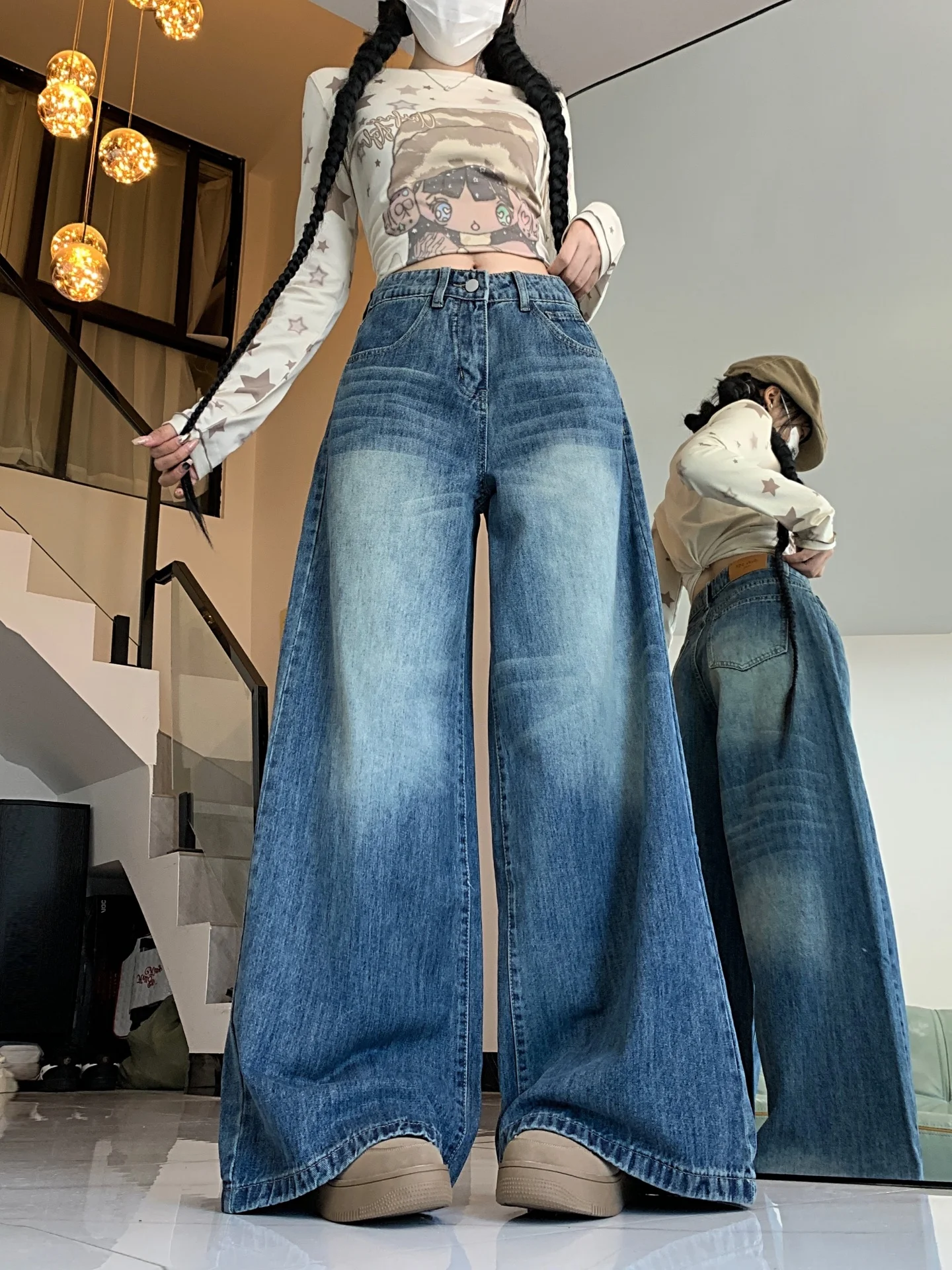 

Джинсы женские больших размеров в американском ретро-стиле, свободные, с высокой талией, прямые, широкие штанины, длиной в пол, повседневная одежда, осенний сезон