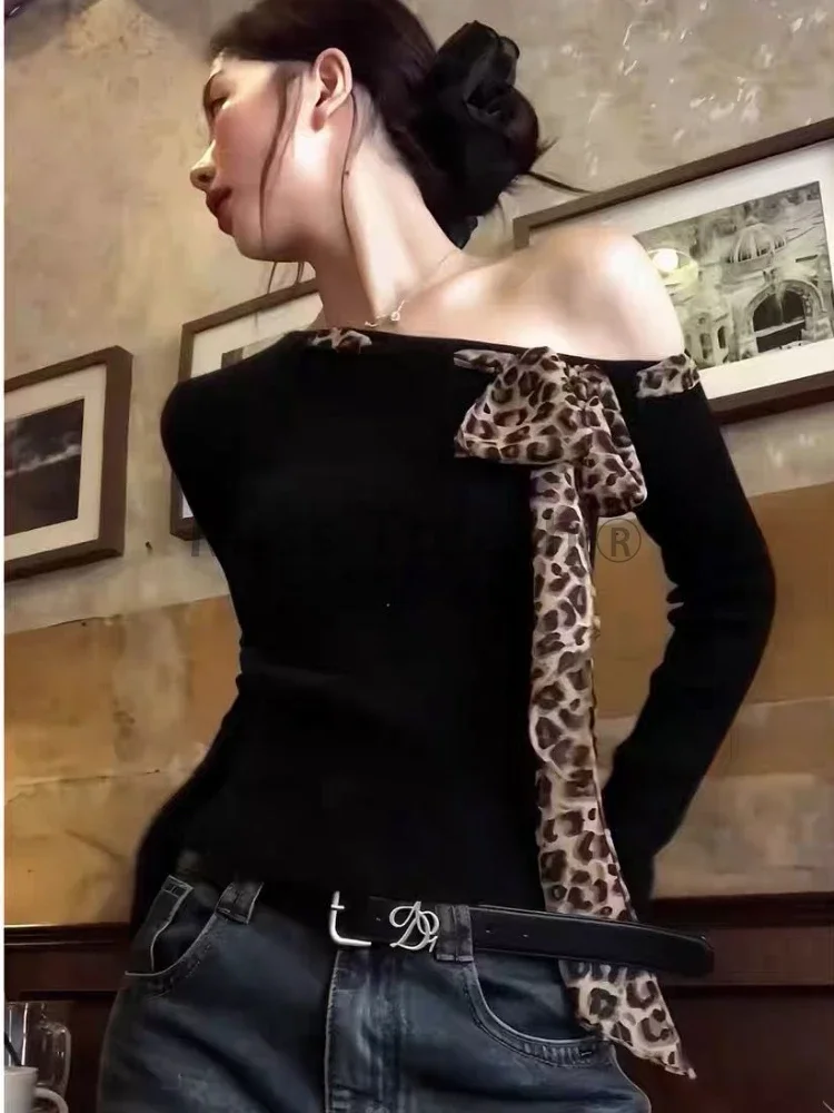 Aesthetic Vintage Slim Long Sleeve Tops Women Y2k Sexy Off Shoulder Solid  Leopard Print Top Gothic Chic Thin Thin T Shirt New