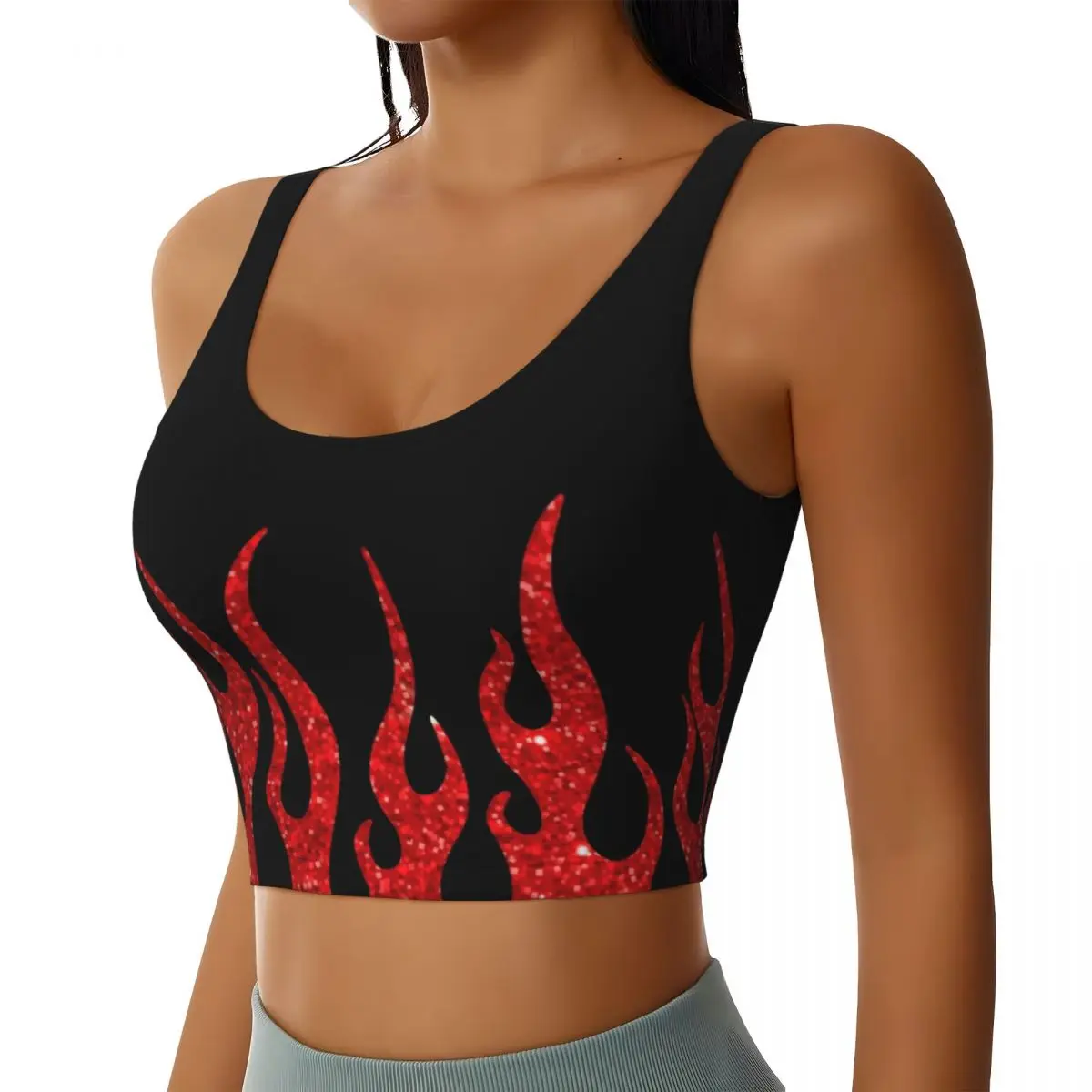 Custom Red Glitter Racing Flames Workout Crop Tank Tops Women Seamless Vintage Burning Fire Yoga Running Sports Bras