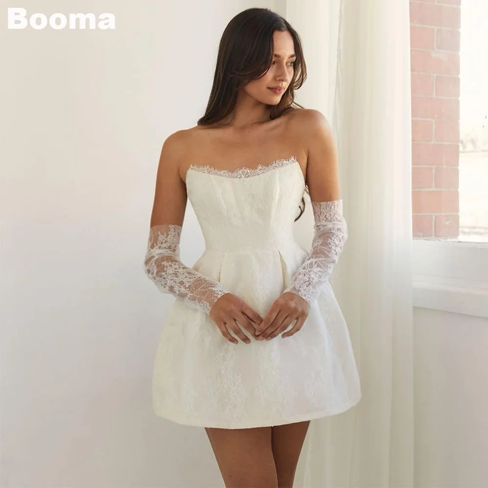 

Booma Elegant Short Wedding Party Dresses Strapless Stain Lace Mini Brides Dress for Women Pleat Bridals Gowns